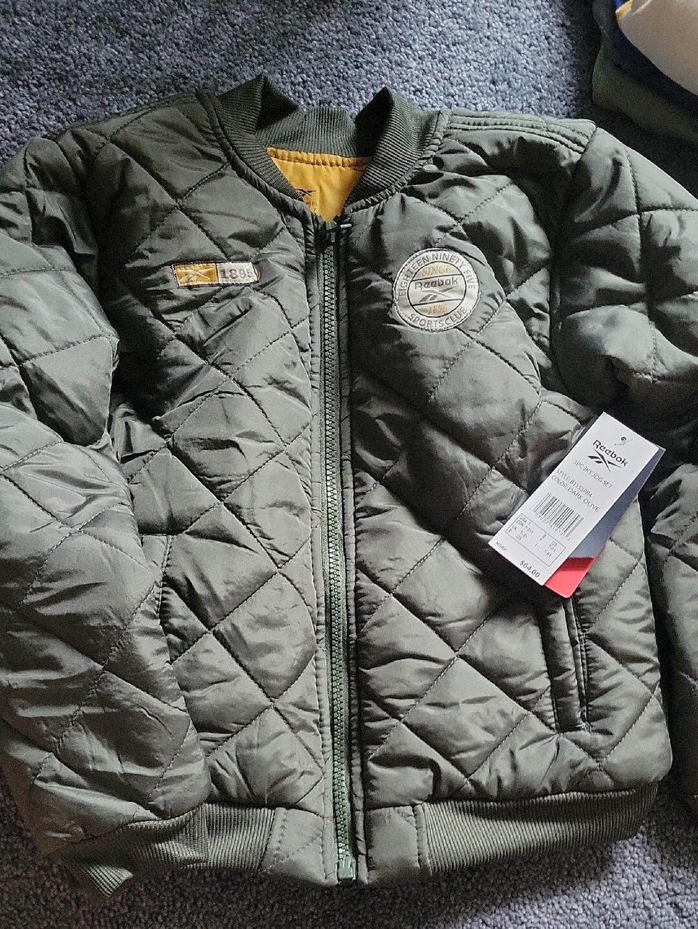 Reebok Olive Green Quilted Kids Puffer Jacket with Yellow Lining
